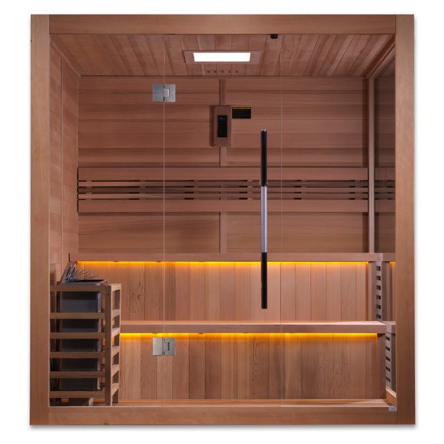 Load image into Gallery viewer, Golden Designs Kaarina 6-Person Outdoor Traditional Sauna - Canadian Red Cedar Interior
