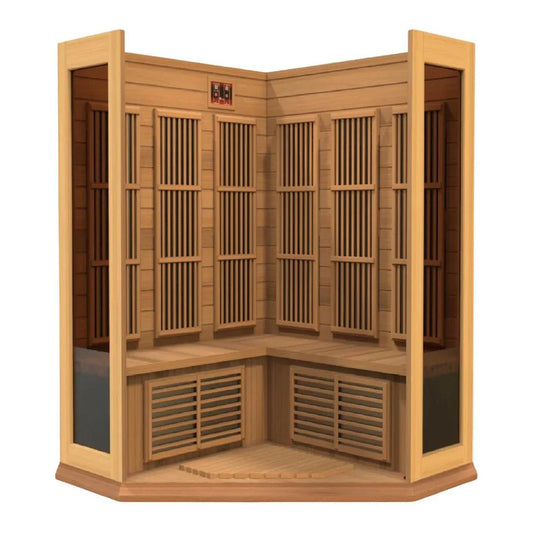 Maxxus 3-Person Corner Low EMF FAR Infrared Sauna – Canadian Hemlock