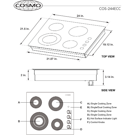 Cosmo 24" Electric Ceramic Glass Cooktop with 4 Elements, Dual Zone Element, Hot Surface Indicator Light and Control Knobs COS-244ECC