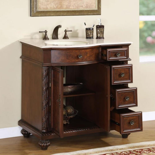 Silkroad Exclusive 36'' Crema Marfil Marble Top Single Sink Bathroom Vanity - HYP-0213-CM-UIC-36-L