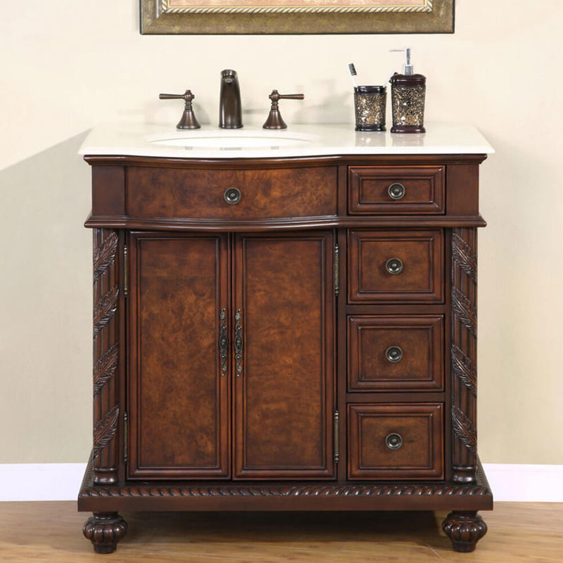 Load image into Gallery viewer, Silkroad Exclusive 36'' Crema Marfil Marble Top Single Sink Bathroom Vanity - HYP-0213-CM-UIC-36-L
