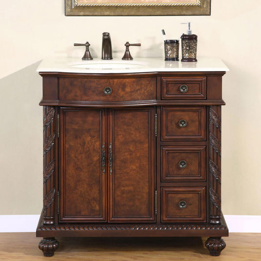 Silkroad Exclusive 36'' Crema Marfil Marble Top Single Sink Bathroom Vanity - HYP-0213-CM-UIC-36-L
