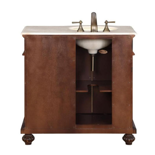 Silkroad Exclusive 36'' Crema Marfil Marble Top Single Sink Bathroom Vanity - HYP-0213-CM-UIC-36-L