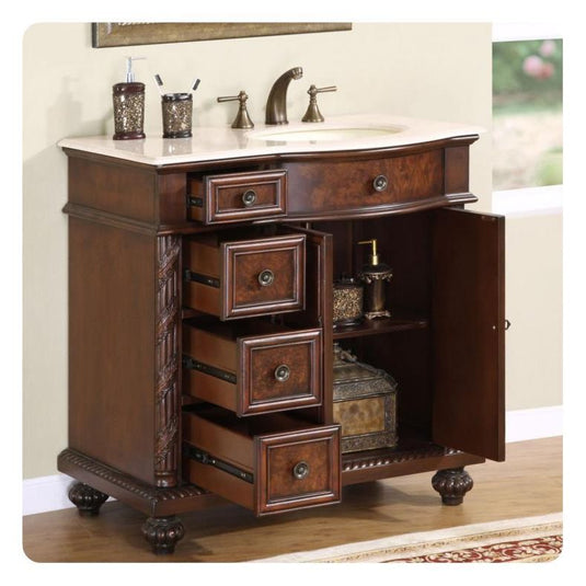 Silkroad Exclusive 36'' Crema Marfil Marble Top Single Sink Bathroom Vanity - HYP-0213-CM-UIC-36-L