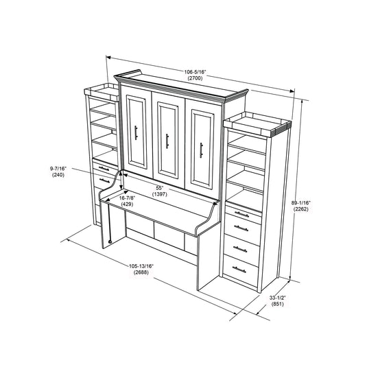 Murphy Bed With Desk & 2 Storage Cabinets, Double Size, White by Leto Muro